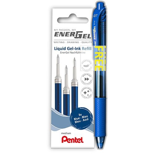 Pentel Pentel vulling Energel, 0,7 mm, blauw, 3st. + roller