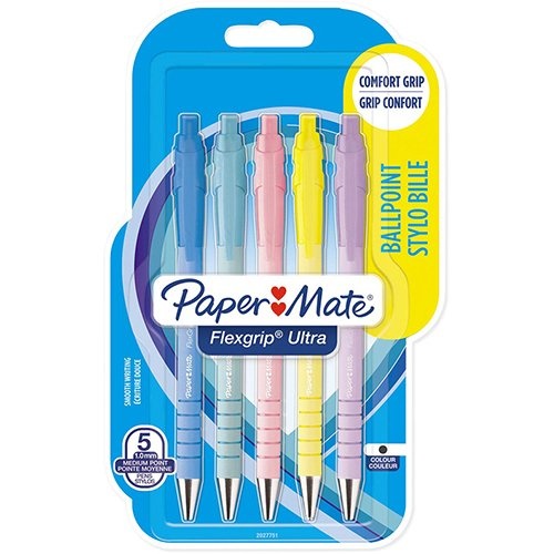 Paper Mate Paper Mate balpen Flexgrip Pastel RT, medium, blauwe inkt, blister van 5 stuks, assorti