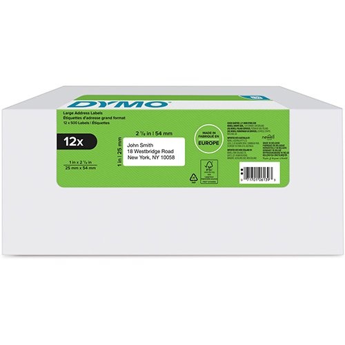 Dymo Dymo etiketten LabelWriter ft 25 x 54 mm, wit, doos van 12 x 500 etiketten