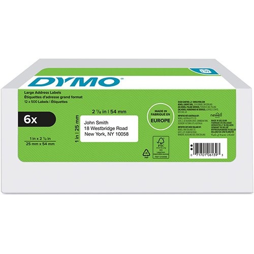 Dymo Dymo etiketten LabelWriter ft 25 x 54 mm, wit, doos van 6 x 500 etiketten