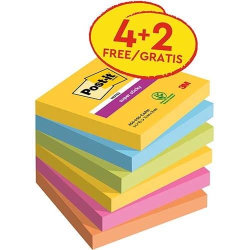Post-It Super Sticky Post-it Super Sticky notes Carnival, 90 vel, ft 76 x 76 mm, 4 + 2 GRATIS