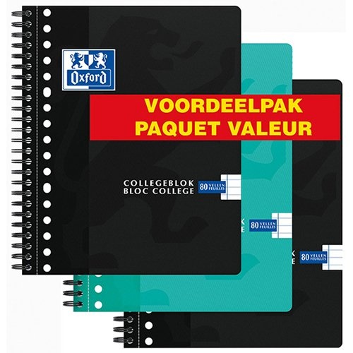 Oxford Oxford School collegeblok, ft A5+, 160 bladzijden, 17-gaats, gelijnd, assorti, 3 stuks
