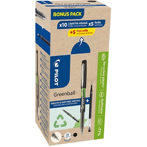 Pilot Pilot Greenball roller, medium punt, 10 rollers + 10 vullingen, medium, zwart