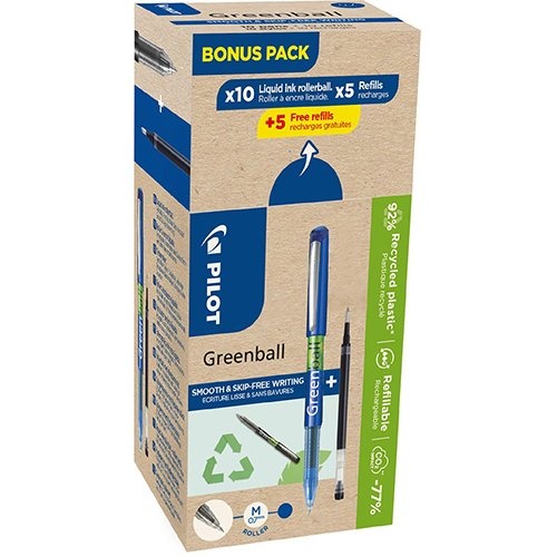 Pilot Pilot Greenball roller, medium punt, 10 rollers + 10 vullingen, medium, blauw