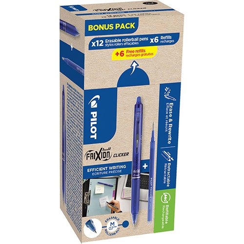 Pilot Pilot Frixion Ball Clicker, 12 rollers en 6+6 vullingen 0,7 mm, blauw
