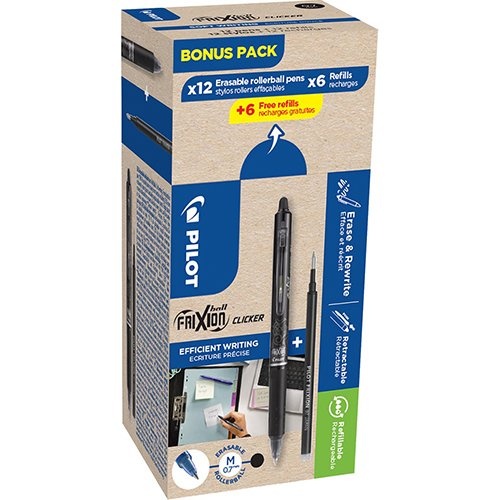 Pilot Pilot Frixion Ball Clicker, 12 rollers en 6+6 vullingen 0,7 mm, zwart
