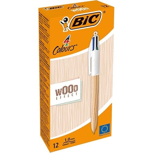 Bic Bic Colours Wood Style, 4-kleurenbalpen, medium, klassieke inktkleuren