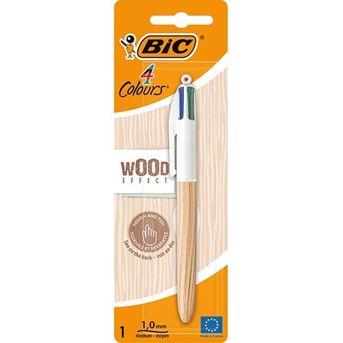 Bic Bic 4 Colours Wood Style balpen, medium, op blister