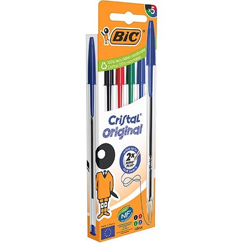 Bic Bic Cristal balpen, medium, blister van 5 stuks: zwart, rood, groen en 2 x blauw