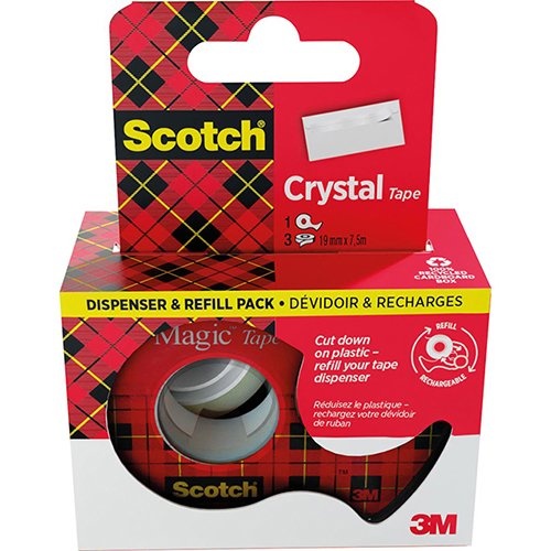 Scotch Scotch Crystal Tape plakband ft 19 mm x 7,5 m, dispenser + 3 rolletjes, ophangbaar doosje