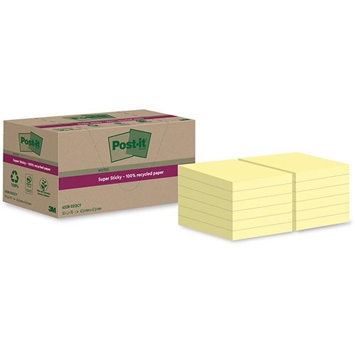 Post-It Super Sticky Post-it Super Sticky Notes Recycled, 70 vel, ft 47,6 x 47,6 mm, geel, pak van 12 blokken
