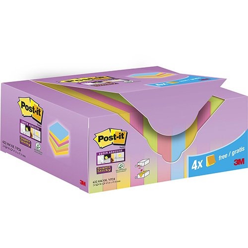 Post-It Super Sticky Post-it Super Sticky Notes Colour, 90 vel, ft 47,6 x 47,6 mm, 20 + 4 GRATIS