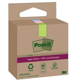 Post-It Super Sticky Post-it Super Sticky Notes Recycled, 70 vel, ft 47,6 x 47,6 mm, assorti, pak van 3 blokken
