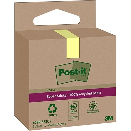 Post-It Super Sticky Post-it Super Sticky Notes Recycled, 70 vel, ft 47,6 x 47,6 mm, geel, pak van 3 blokken