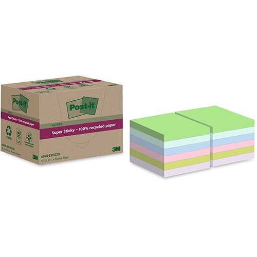 Post-It Super Sticky Post-it Super Sticky Notes Recycled, 70 vel, ft 76 x 76 mm, assorti, pak van 12 blokken