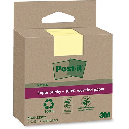 Post-It Super Sticky Post-it Super Sticky Notes Recycled, 70 vel, ft 76 x 76 mm, geel, pak van 3 blokken