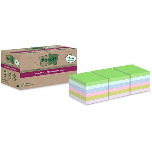 Post-It Super Sticky Post-it Super Sticky Notes Recycled, 70 vel, ft 76 x 76 mm, assorti, 14 + 4 GRATIS