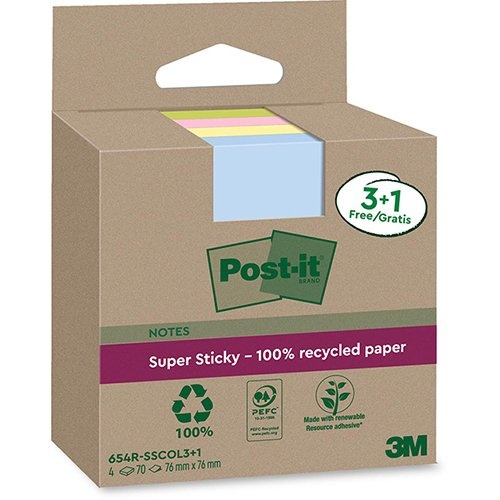 Post-It Super Sticky Post-it Super Sticky Notes Recycled, 70 vel, ft 76 x 76 mm, assorti, 3 + 1 GRATIS