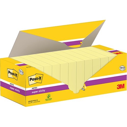 Post-It Super Sticky Post-it super Sticky notes, 90 vel, ft 76 x 76 mm, geel, pak van 12 blokken + 12 gratis