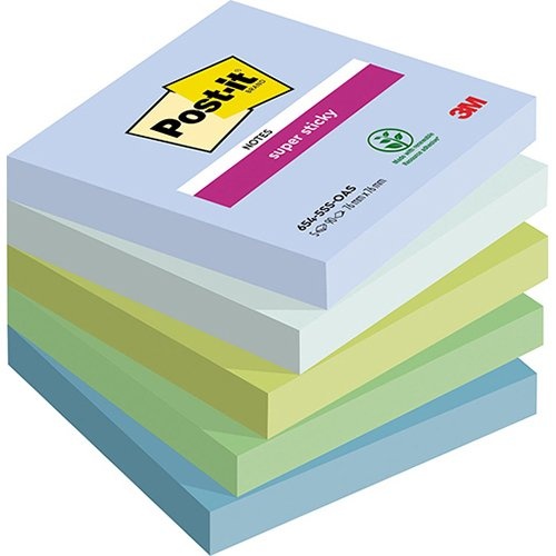 Post-It Notes Markers Post-it Super Sticky notes Oasis, 90 vel, ft 76 x 76 mm, geassorteerde kleuren, pak van 5 blokken