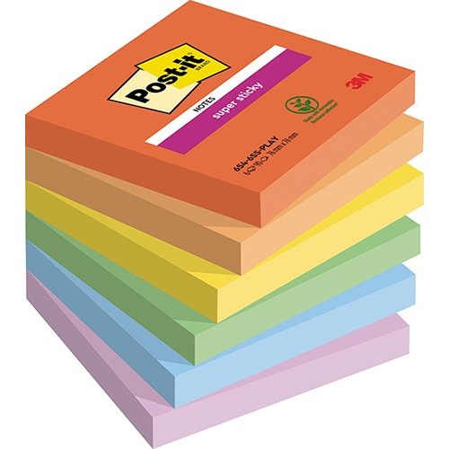 Post-It Super Sticky Post-it Super Sticky Notes Playful, 90 vel, ft 76 x 76 mm, geassorteerde kleuren, pak van 6 blokken