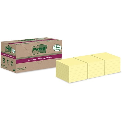 Post-It Super Sticky Post-it Super Sticky Notes Recycled, 70 vel, ft 76 x 76 mm, geel, 14 + 4 GRATIS