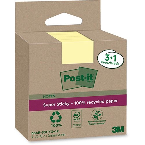 Post-It Super Sticky Post-it Super Sticky Notes Recycled, 70 vel, ft 76 x 76 mm, geel, 3 + 1 GRATIS