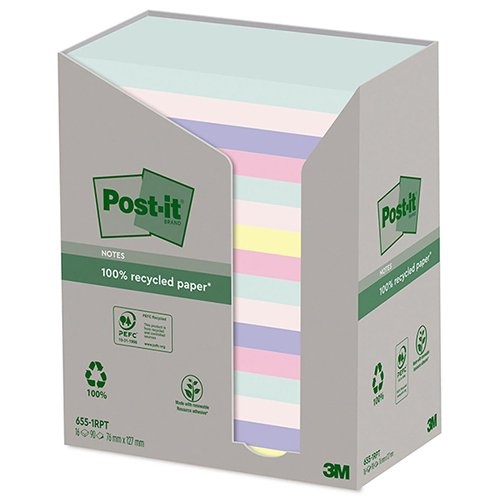 Post-it recycled notes Nature, 100 vel, ft 76 x 127 mm, pak van 16 blokken, geassorteerde kleuren