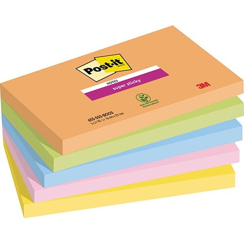 Post-It Super Sticky Post-it Super Sticky notes Boost, 90 vel, ft 76 x 127 mm, geassorteerde kleuren, pak van 5 blokken