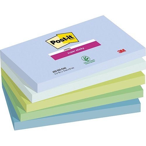 Post-It Super Sticky Post-it Super Sticky notes Oasis, 90 vel, ft 76 x 127 mm, geassorteerde kleuren, pak van 5 blokken