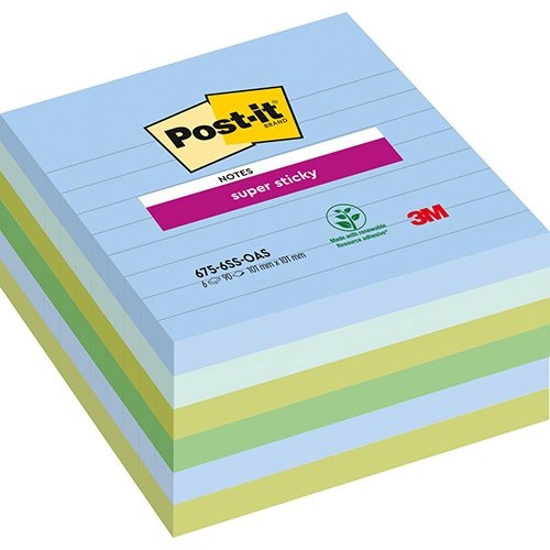 Post-It Super Sticky Post-it Super Sticky notes XL Oasis, 90 vel, ft 101 x 101 mm, gelijnd, geassorteerde kleuren, pak van 6 b
