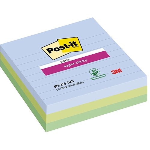 Post-It Super Sticky Post-it Super Sticky notes XL Oasis, 70 vel, ft 101 x 101 mm, gelijnd, assorti, pak van 3 blokken