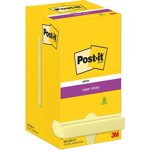 Post-It Super Sticky Post-It Super Sticky Notes, 90 vel, ft 76 x 76 mm, geel, pak van 12 blokken