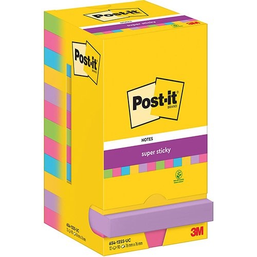 Post-It Super Sticky Post-It Super Sticky Notes, 90 vel, ft 76 x 76 mm, assorti, pak van 12 blokken