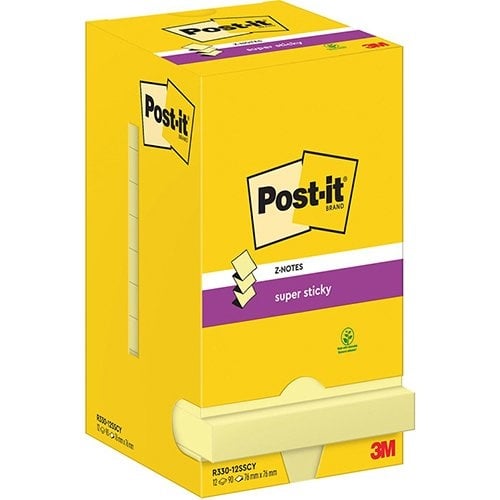 Post-It Super Sticky Post-It Super Sticky Z-Notes, 90 vel, ft 76 x 76 mm, geel, pak van 12 blokken