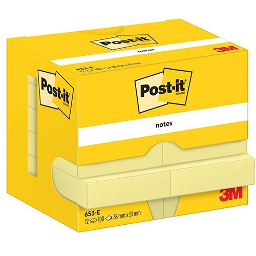 Post-It Notes Post-It Notes, 100 vel, ft 38 x 51 mm, geel, pak van 12 blokken