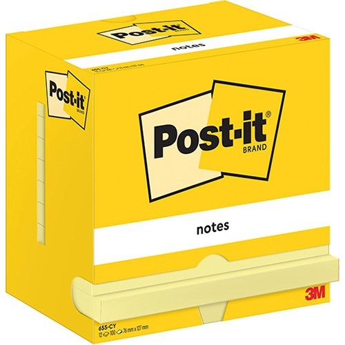 Post-It Notes Post-It Notes, 100 vel, ft 76 x 127 mm, geel, pak van 12 blokken