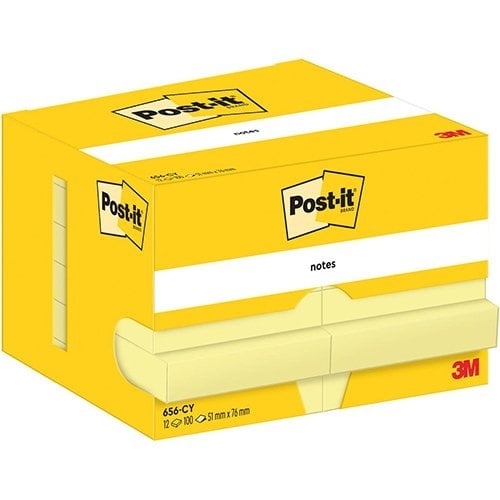 Post-It Notes Post-It Notes, 100 vel, ft 51 x 76 mm, geel, 12 blokken