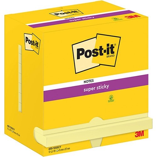 Post-It Super Sticky Post-It Super Sticky Notes, 90 vel, ft 76 x 127 mm, geel, pak van 12 blokken