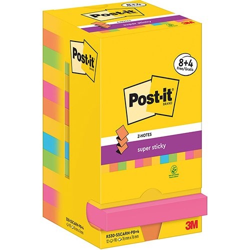 Post-It Super Sticky Post-It Super Sticky Z-Notes Carnival, 90 vel, ft 76 x 76 mm, 8 + 4 GRATIS