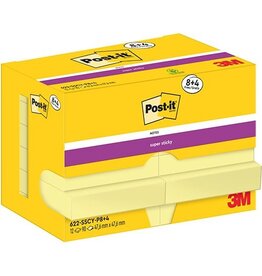 Post-It Super Sticky Post-It Super Sticky Notes, 90 vel, ft 47,6 x 47,6 mm, geel, 8 + 4 GRATIS