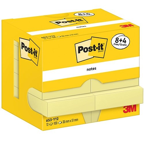 Post-It Notes Post-It Notes, 100 vel, ft 38 x 51 mm, geel, 8 + 4 GRATIS