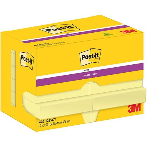 Post-It Super Sticky Post-It Super Sticky Notes, 90 vel, ft 47,6 x 47,6 mm, geel, pak van 12 blokken