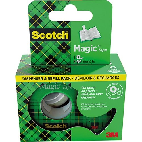 Scotch Scotch Magic Tape plakband ft 19 mm x 7,5 m, dispenser + 3 rolletjes, ophangbaar doosje