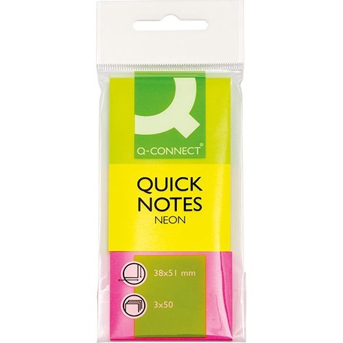 Q-CONNECT Q-CONNECT Quick Notes, ft 38 x 51 mm, 50 vel, etui van 3 blokken in neonkleuren