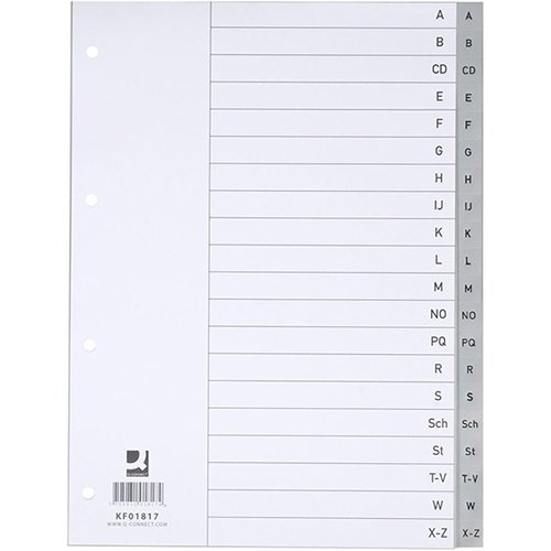 Q-CONNECT Q-CONNECT tabbladen, A4, PP, 11-gaatsperforatie, met indexblad, set van A-Z, 20 tabs, grijs