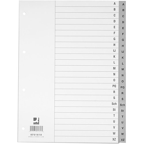 Q-CONNECT Q-CONNECT tabbladen, A4, PP, 4-gaatsperforatie, met indexblad, set van A-Z, 24 tabs, grijs