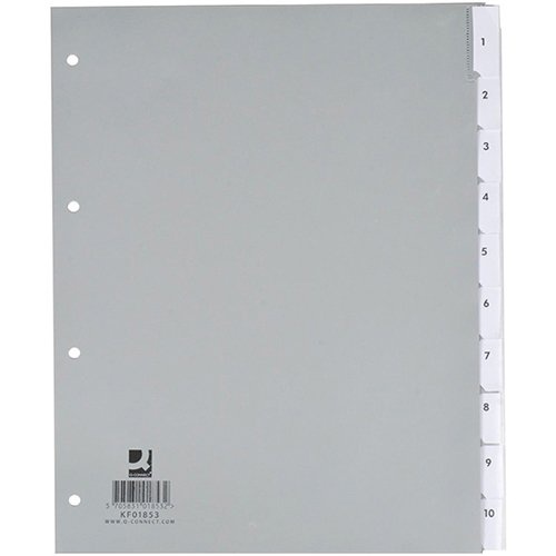 Q-CONNECT Q-CONNECT tabbladen, A4, PP, 4-gaatsperforatie, 10 tabs, grijs