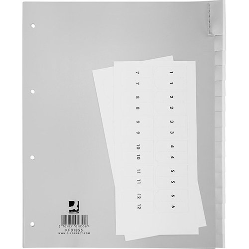 Q-CONNECT Q-CONNECT tabbladen, A4, PP, 4-gaatsperforatie, 15 tabs, grijs
