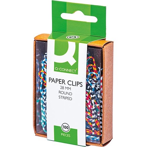 Q-CONNECT Q-CONNECT papierklemmen, 28 mm, doos van 100 stuks, gestreept in wit en geassorteerde kleuren